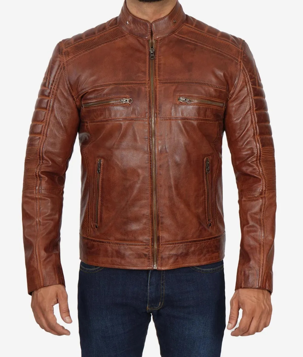Austin Mens Distressed Brown Leather Cafe Racer Jacket