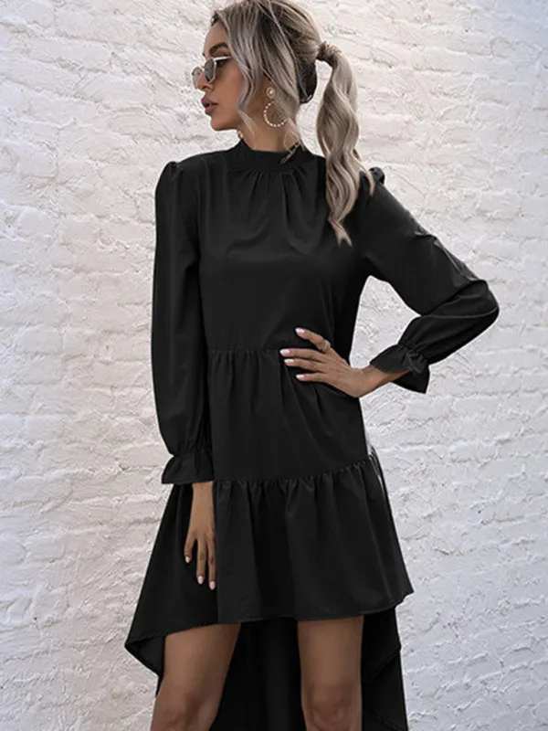 Autumn Solid Tiered High-Neck Mini Dress with Tail