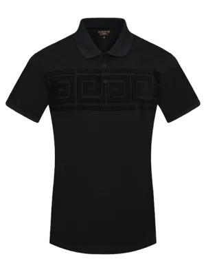 Black Men's Greek Key Printed Short Sleeve Polo Shirt Regular-Fit