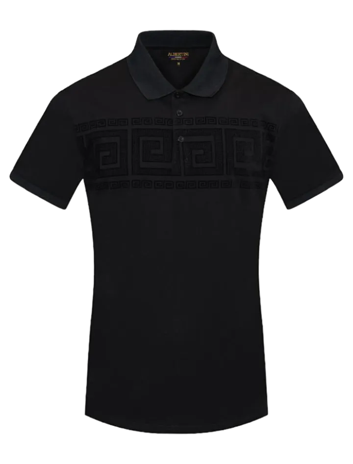 Black Men's Greek Key Printed Short Sleeve Polo Shirt Regular-Fit