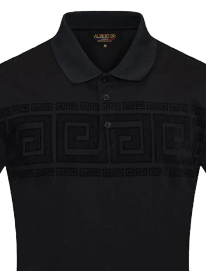 Black Men's Greek Key Printed Short Sleeve Polo Shirt Regular-Fit