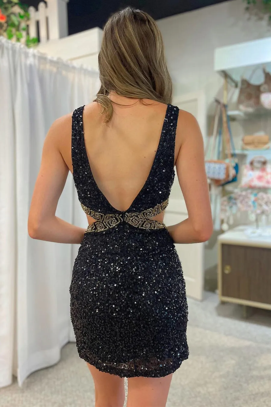 Black Sequin Beaded V-Neck Cutout Short Homecoming Dress VK23080706