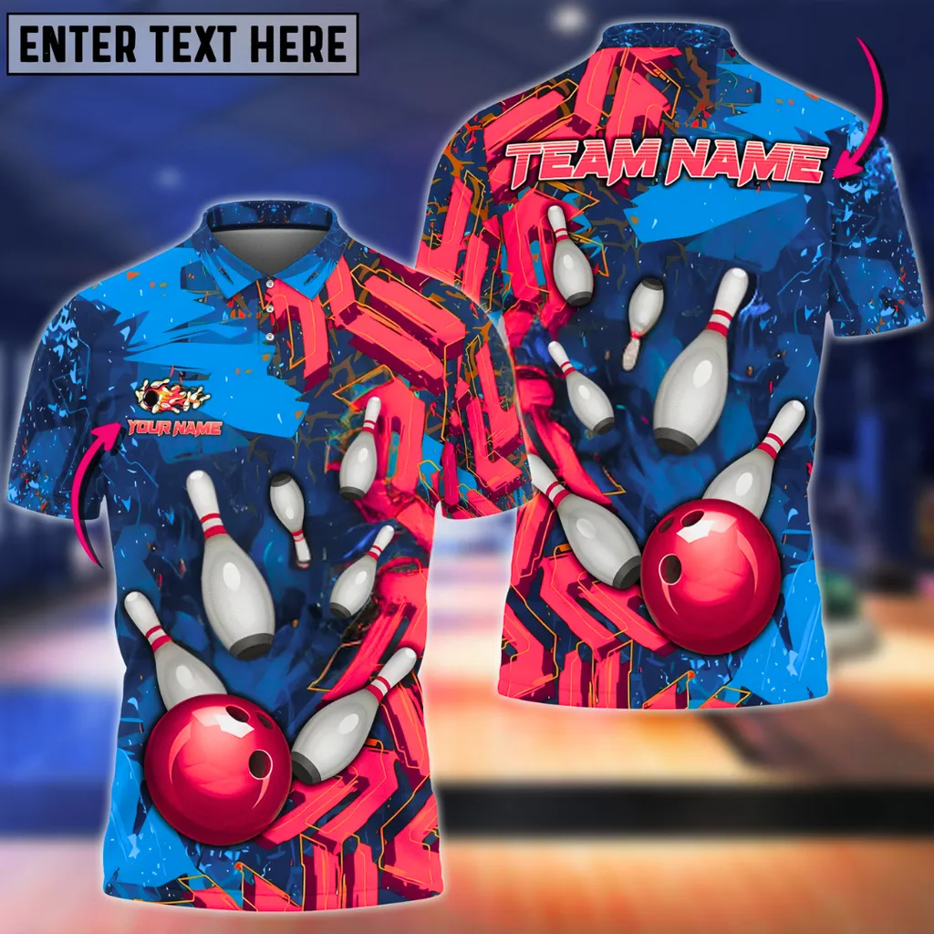 Bowling Ball & Pins Falling Road Abstract Grunge Multicolor Customized Name 3D Polo Shirt
