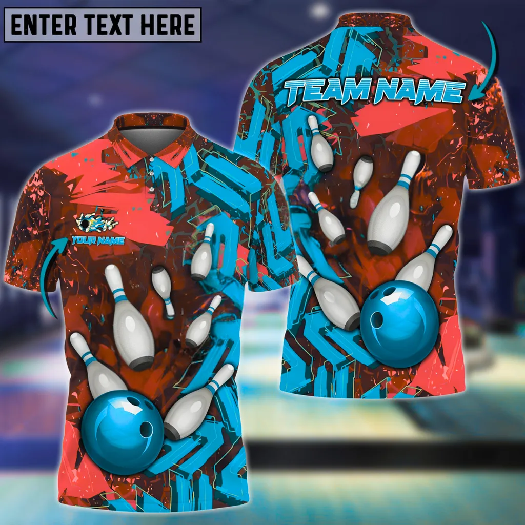 Bowling Ball & Pins Falling Road Abstract Grunge Multicolor Customized Name 3D Polo Shirt