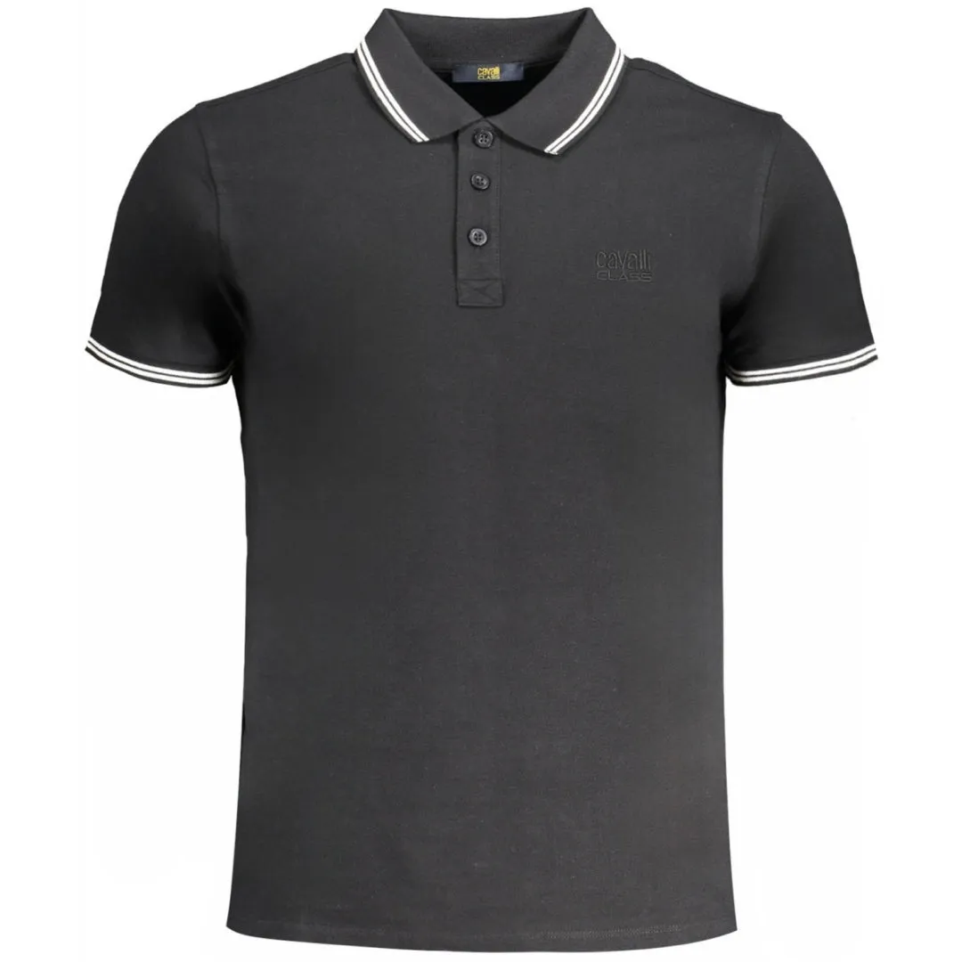 Cavalli Class White Tipped Collar Toned Logo Black Polo Shirt