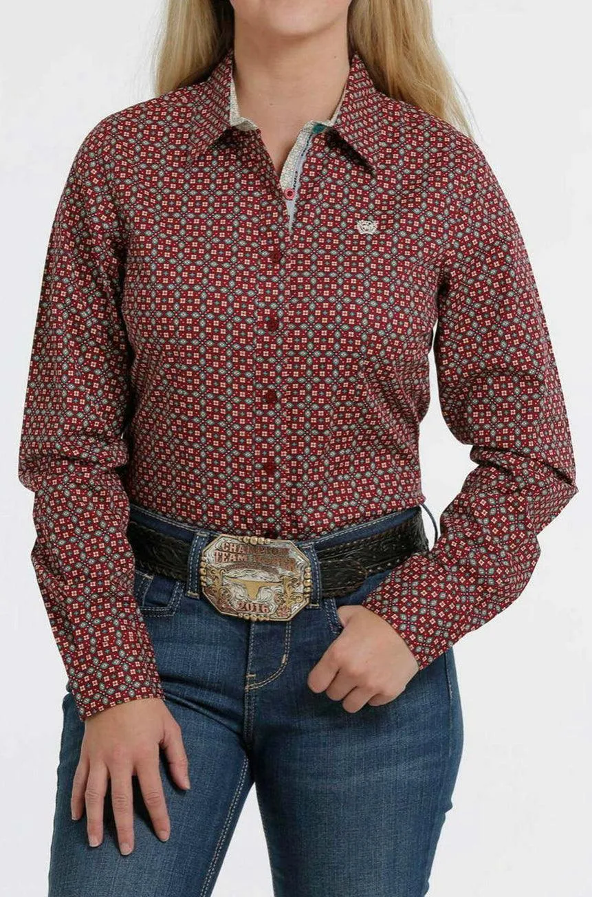 Cinch Women's Red Geo Floral Print Button Up Long Sleeve Western Shirt MSW9165013