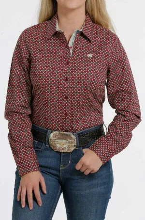 Cinch Women's Red Geo Floral Print Button Up Long Sleeve Western Shirt MSW9165013