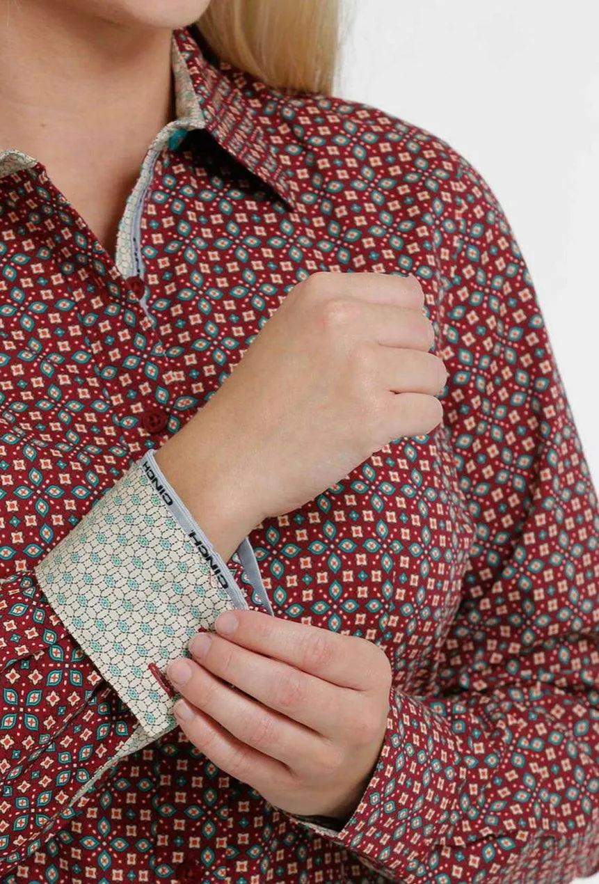 Cinch Women's Red Geo Floral Print Button Up Long Sleeve Western Shirt MSW9165013