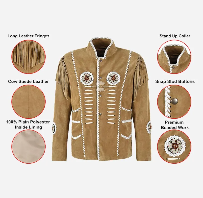 COWBOY Western Fringe Jacket For Men With Beads Detailing