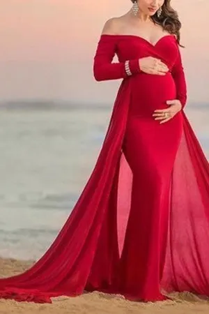 Designarche Red Maternity wear off shoulder long Maxi Gown
