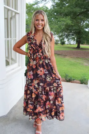 Fall Flowers Ruffle Bodice Maxi Dress Brown