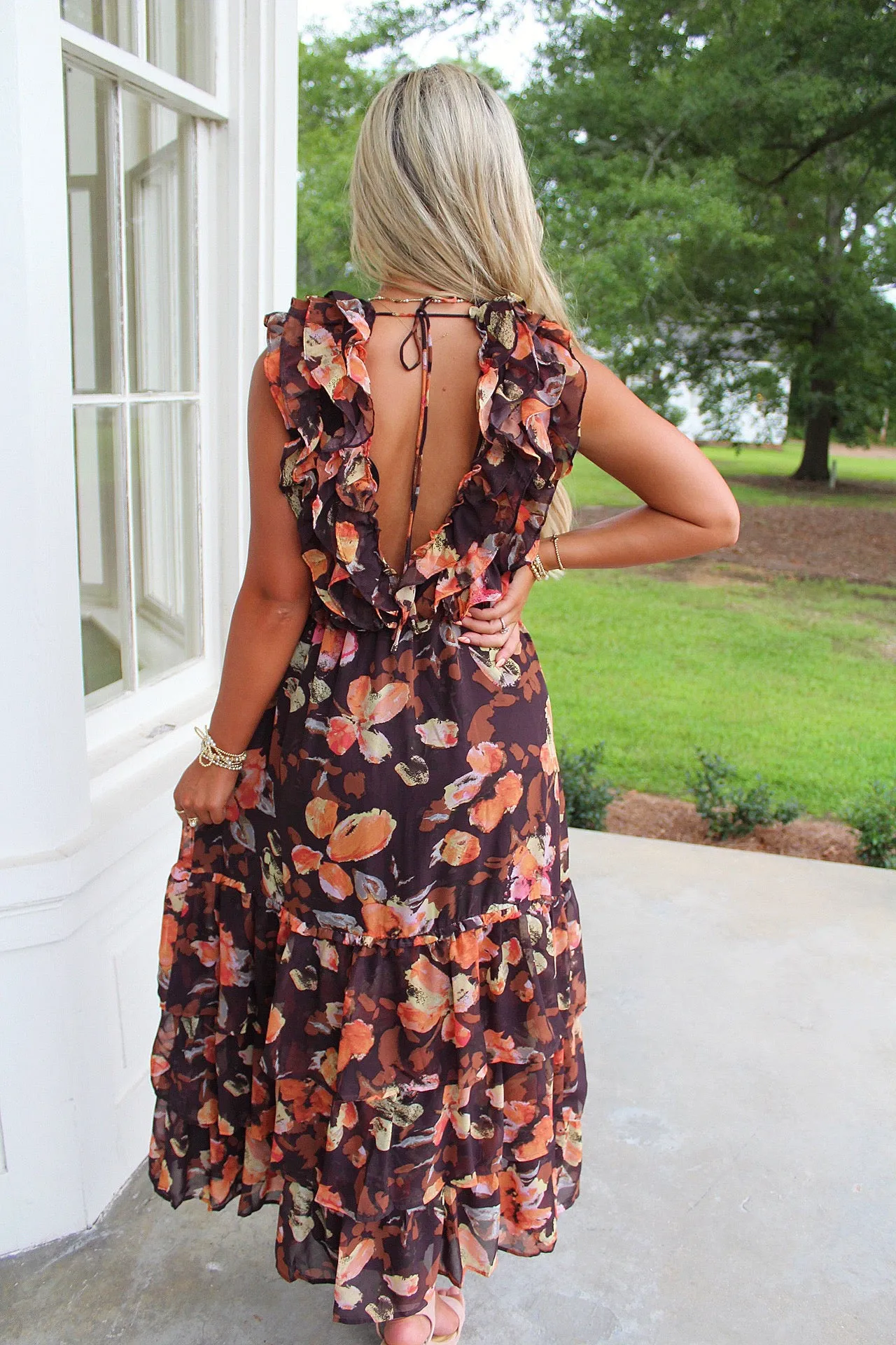 Fall Flowers Ruffle Bodice Maxi Dress Brown