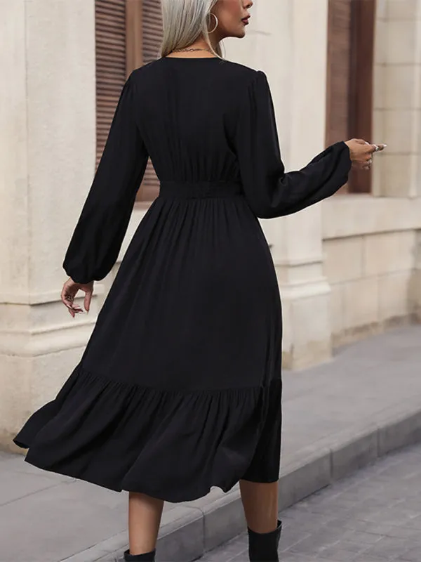 Fall Solid Color Midi Dress with Long Sleeves