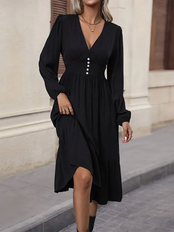 Fall Solid Color Midi Dress with Long Sleeves