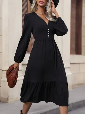 Fall Solid Color Midi Dress with Long Sleeves