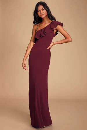 Last Forever Burgundy One-Shoulder Ruffle Maxi Dress