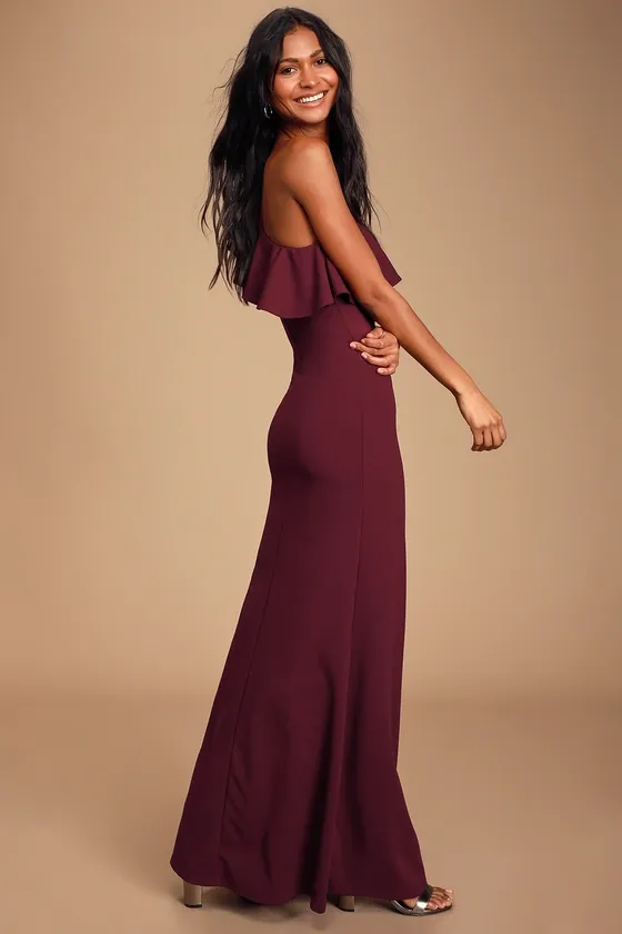Last Forever Burgundy One-Shoulder Ruffle Maxi Dress
