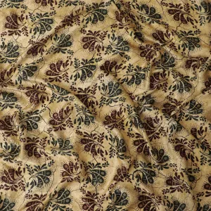 Latte beige premium pure silk satin fabric with multicolor print in paisley design-D13217