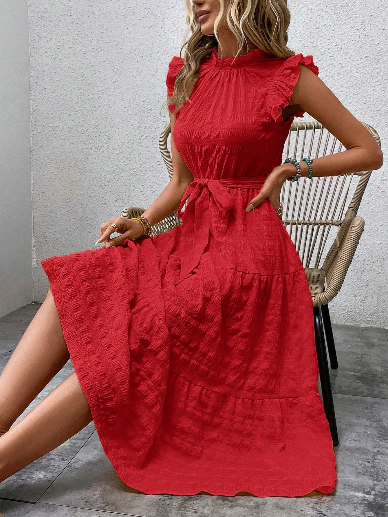LUNE Frill Trim Ruffle Hem Belted Dress