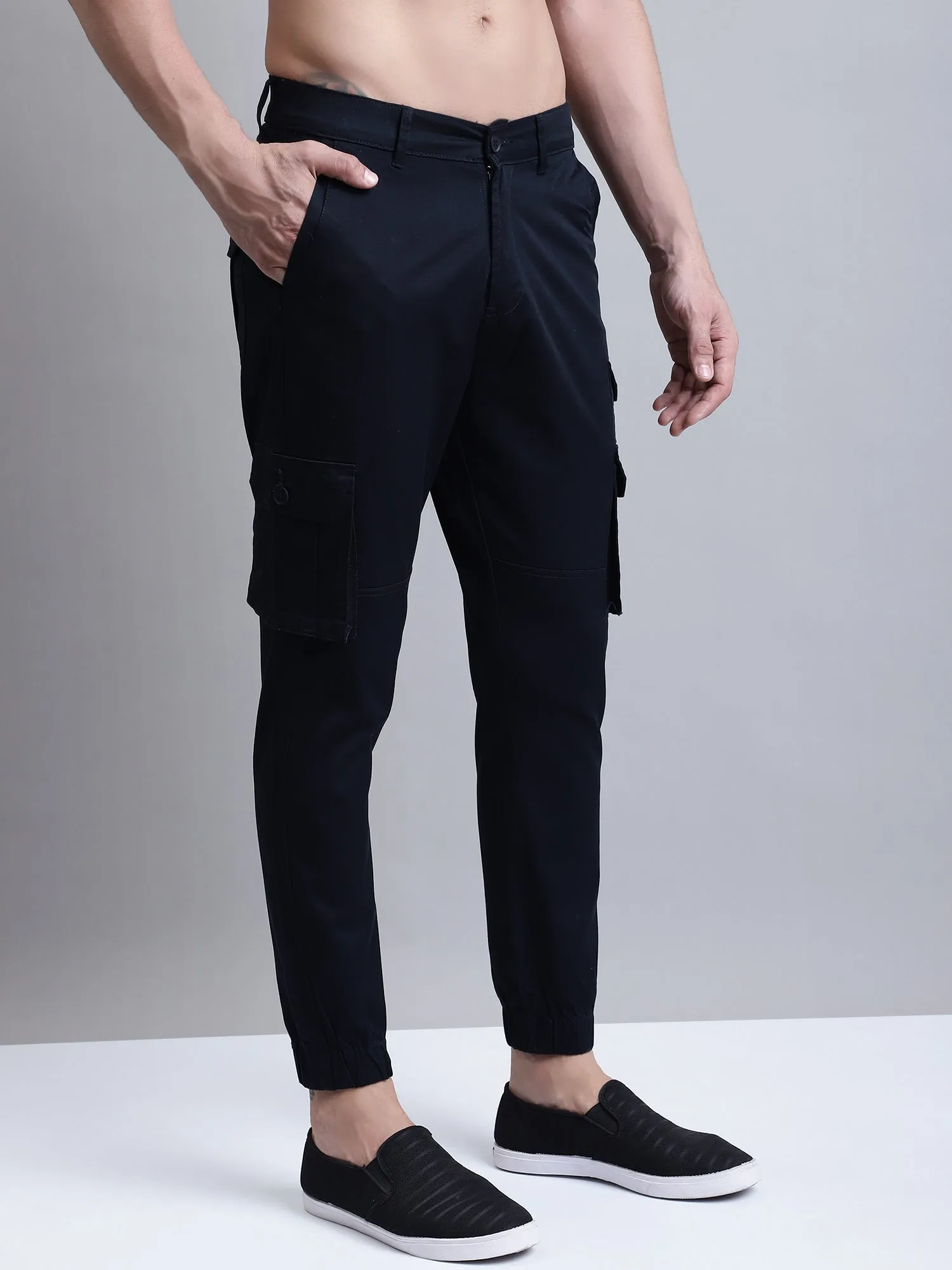 Men Navy Blue Solid Casual Cargo