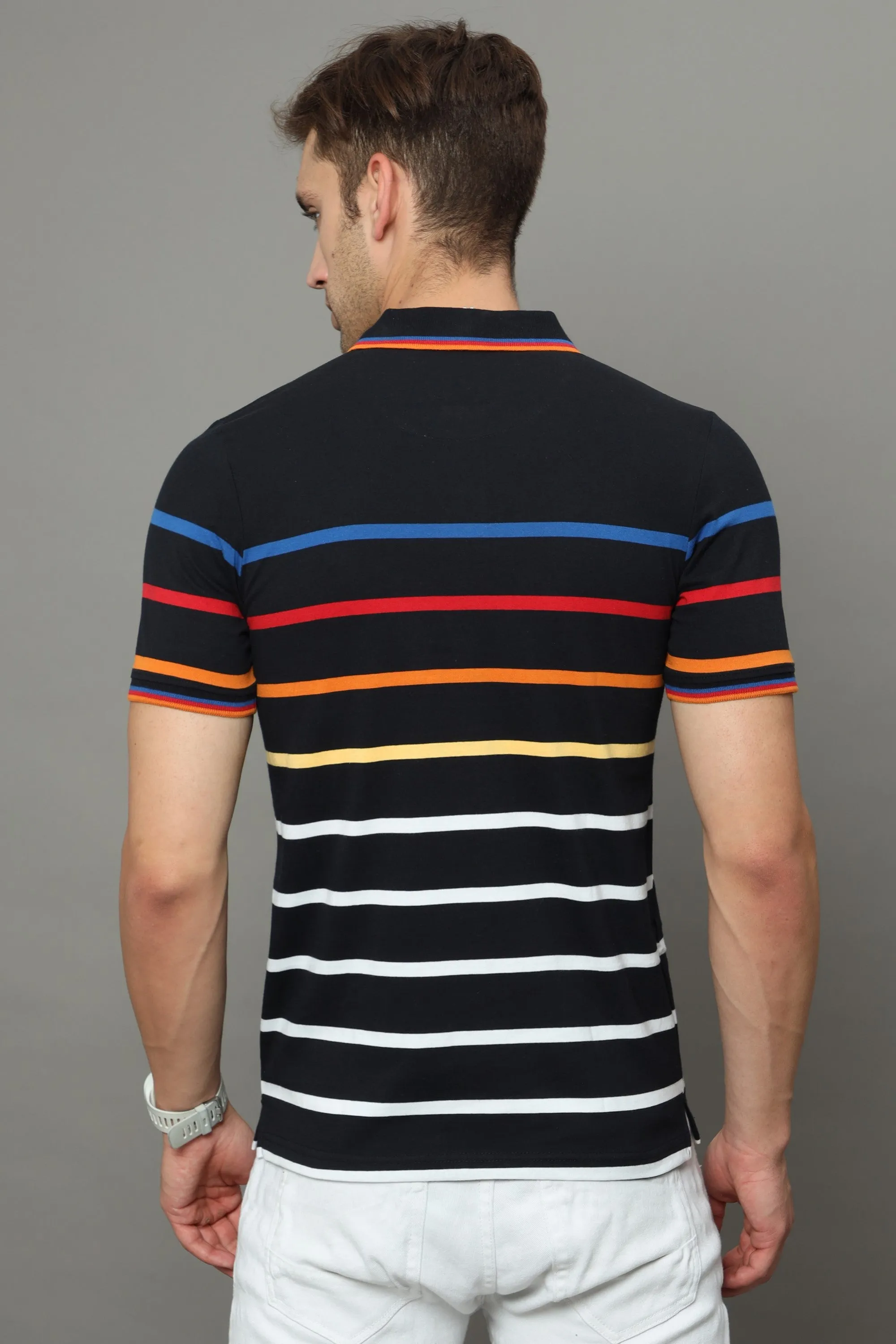 Men's Black Regular Fit Stripe Half Sleeves Polo Neck T-Shirt