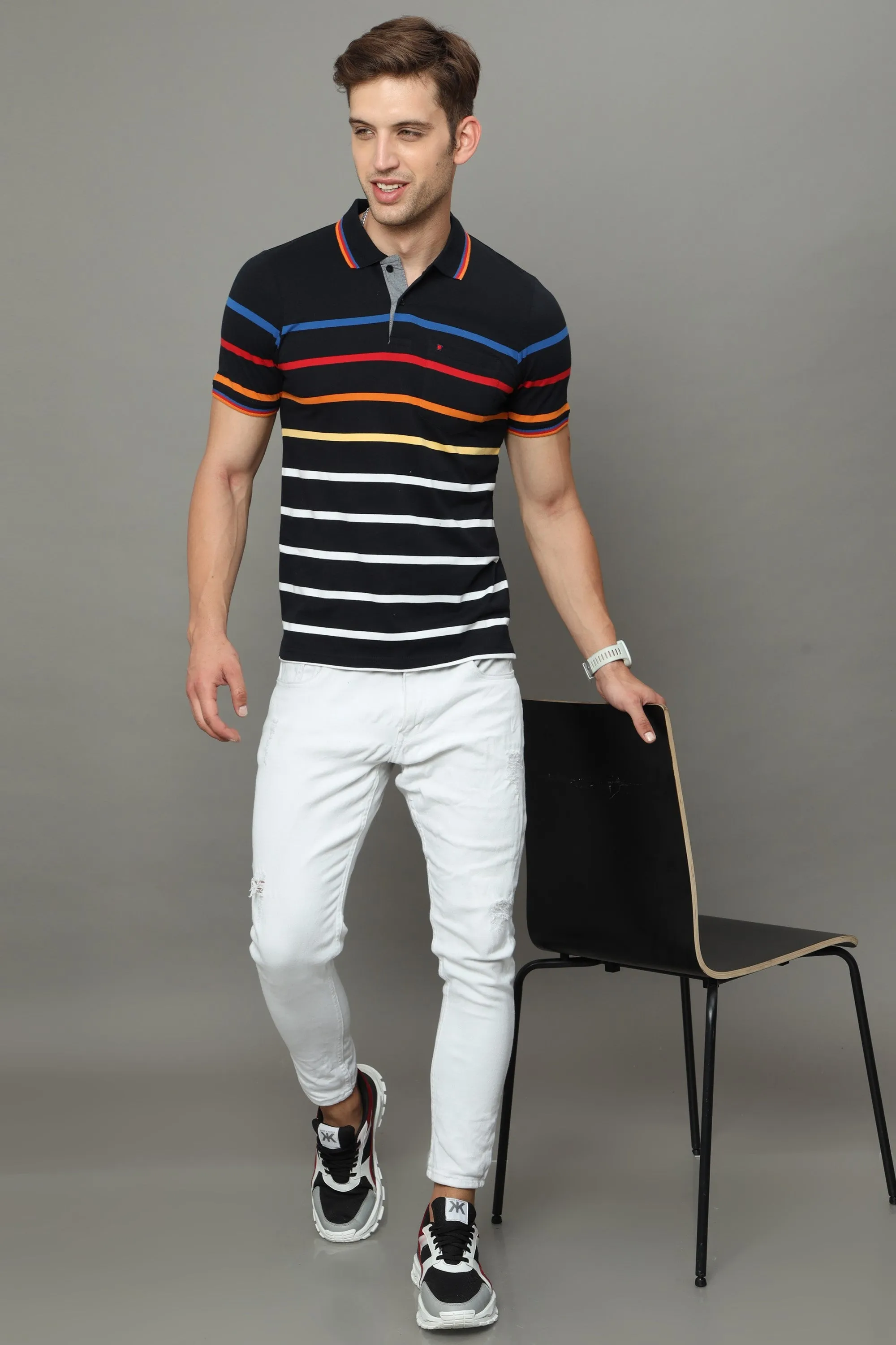 Men's Black Regular Fit Stripe Half Sleeves Polo Neck T-Shirt