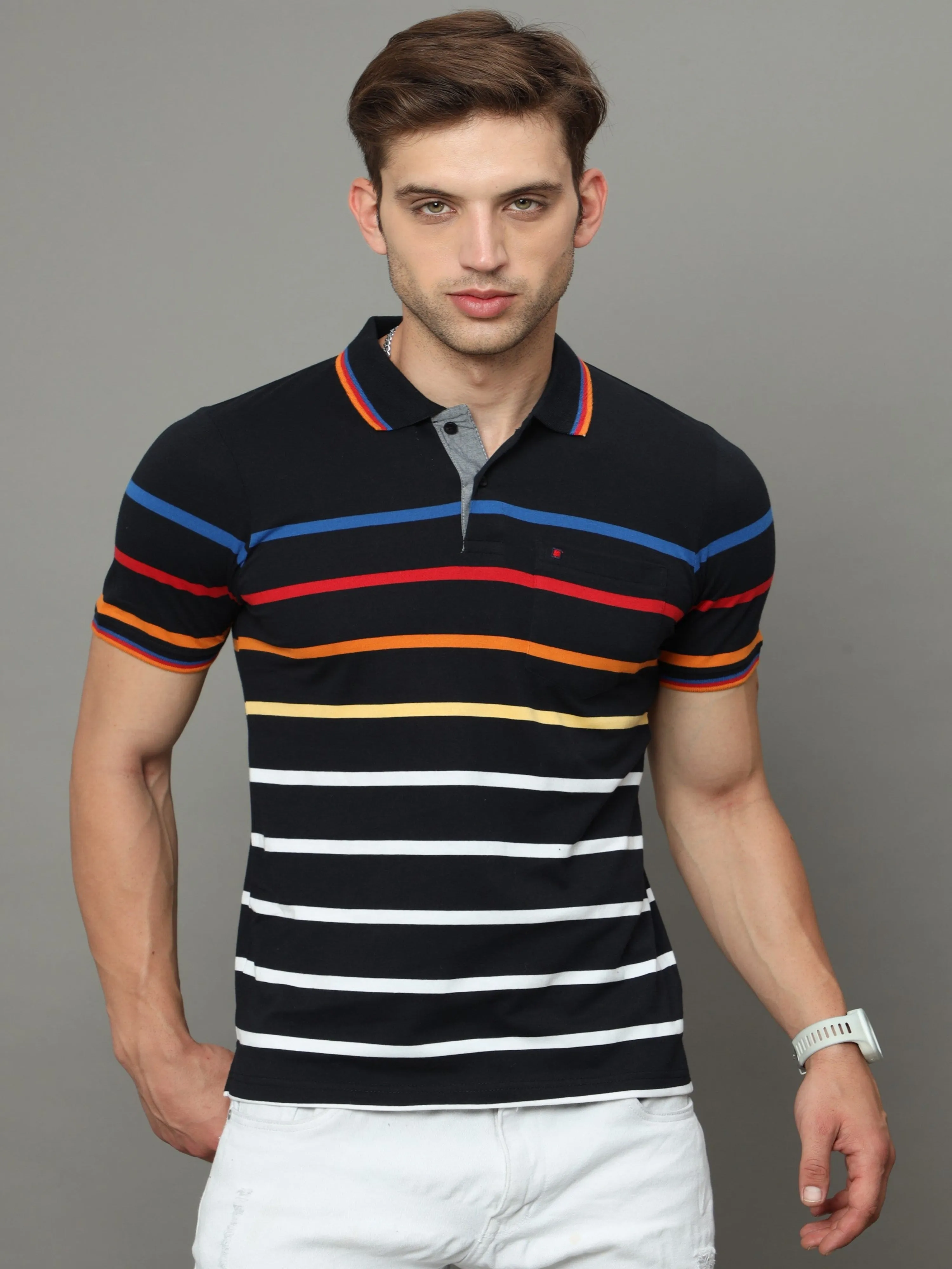 Men's Black Regular Fit Stripe Half Sleeves Polo Neck T-Shirt