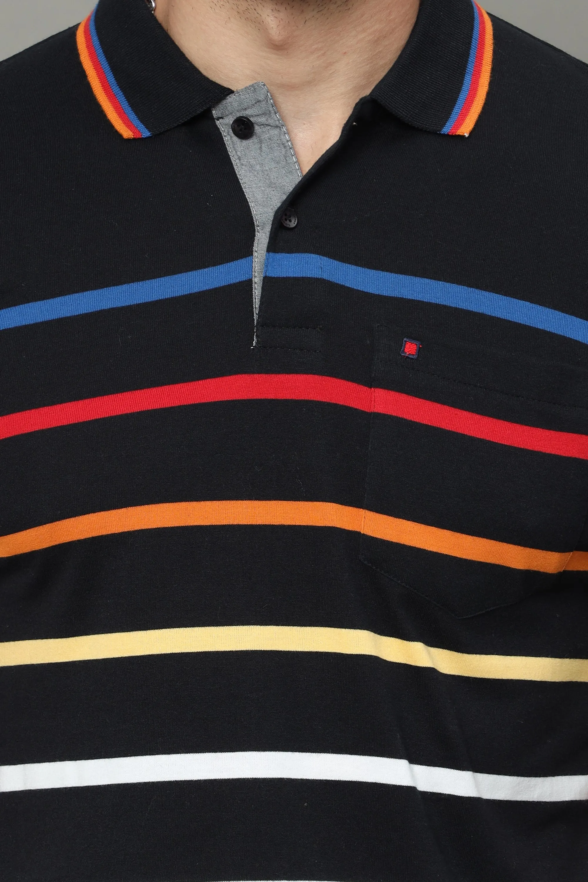 Men's Black Regular Fit Stripe Half Sleeves Polo Neck T-Shirt