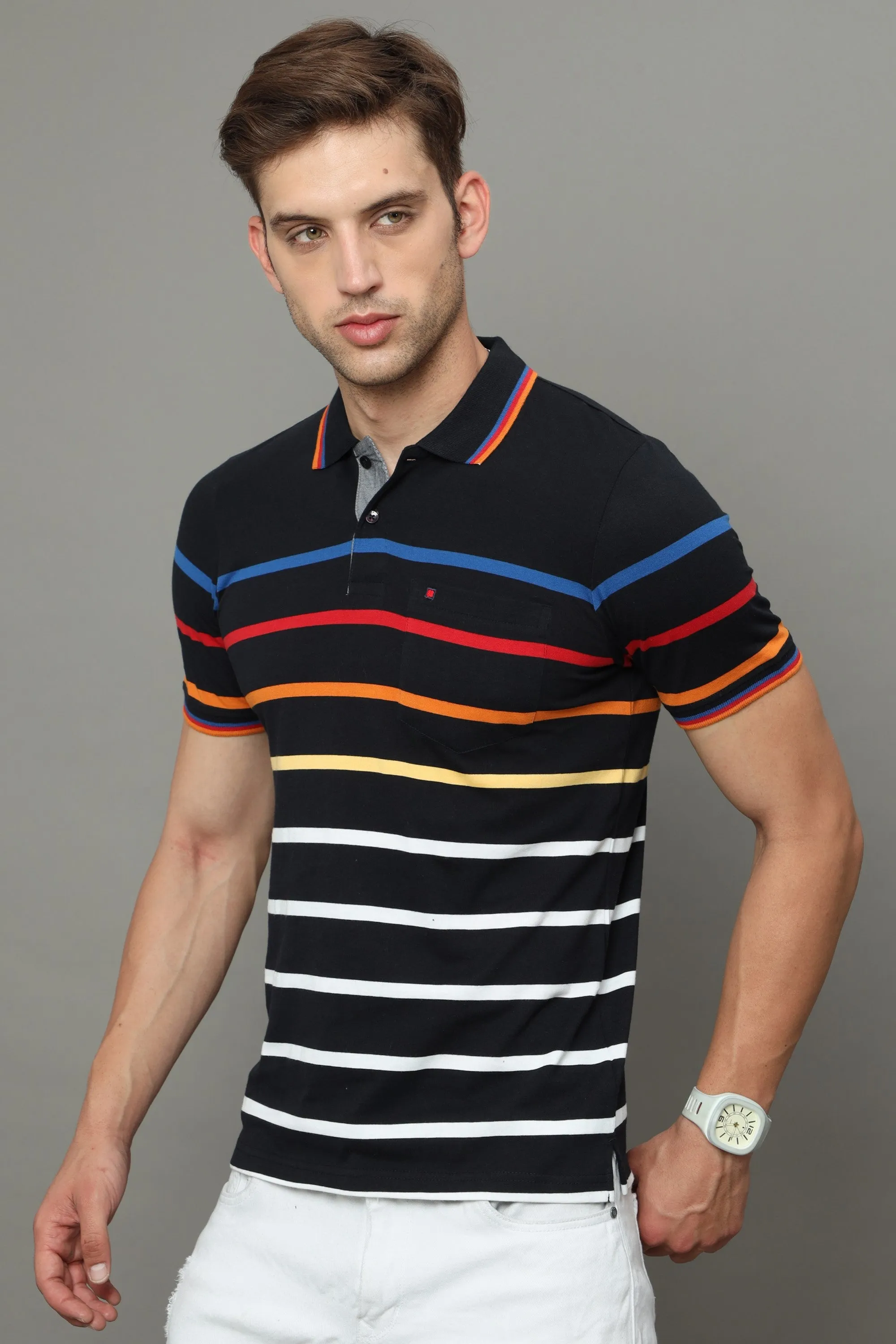 Men's Black Regular Fit Stripe Half Sleeves Polo Neck T-Shirt