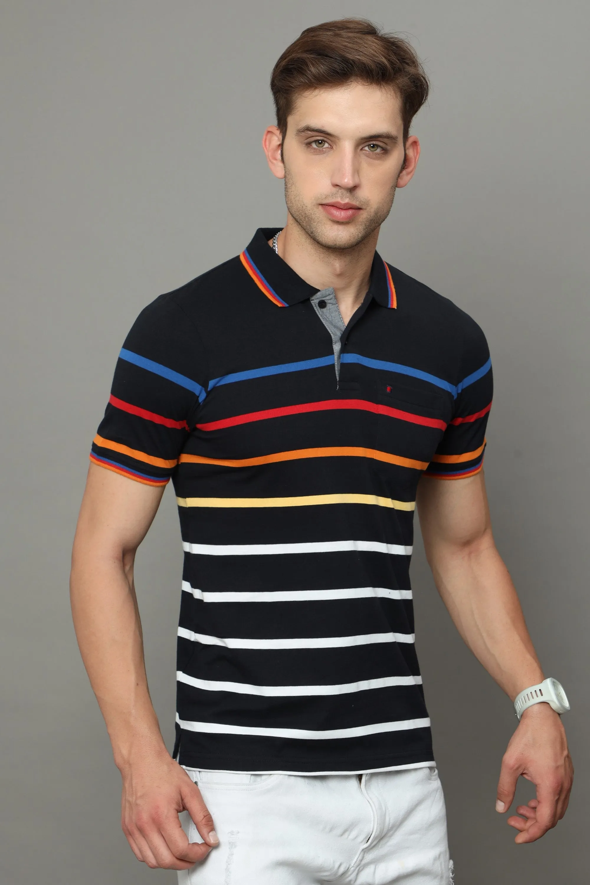 Men's Black Regular Fit Stripe Half Sleeves Polo Neck T-Shirt