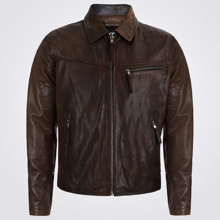 Men's Smart Brown Genuine Cow Leather Harrington Jacket