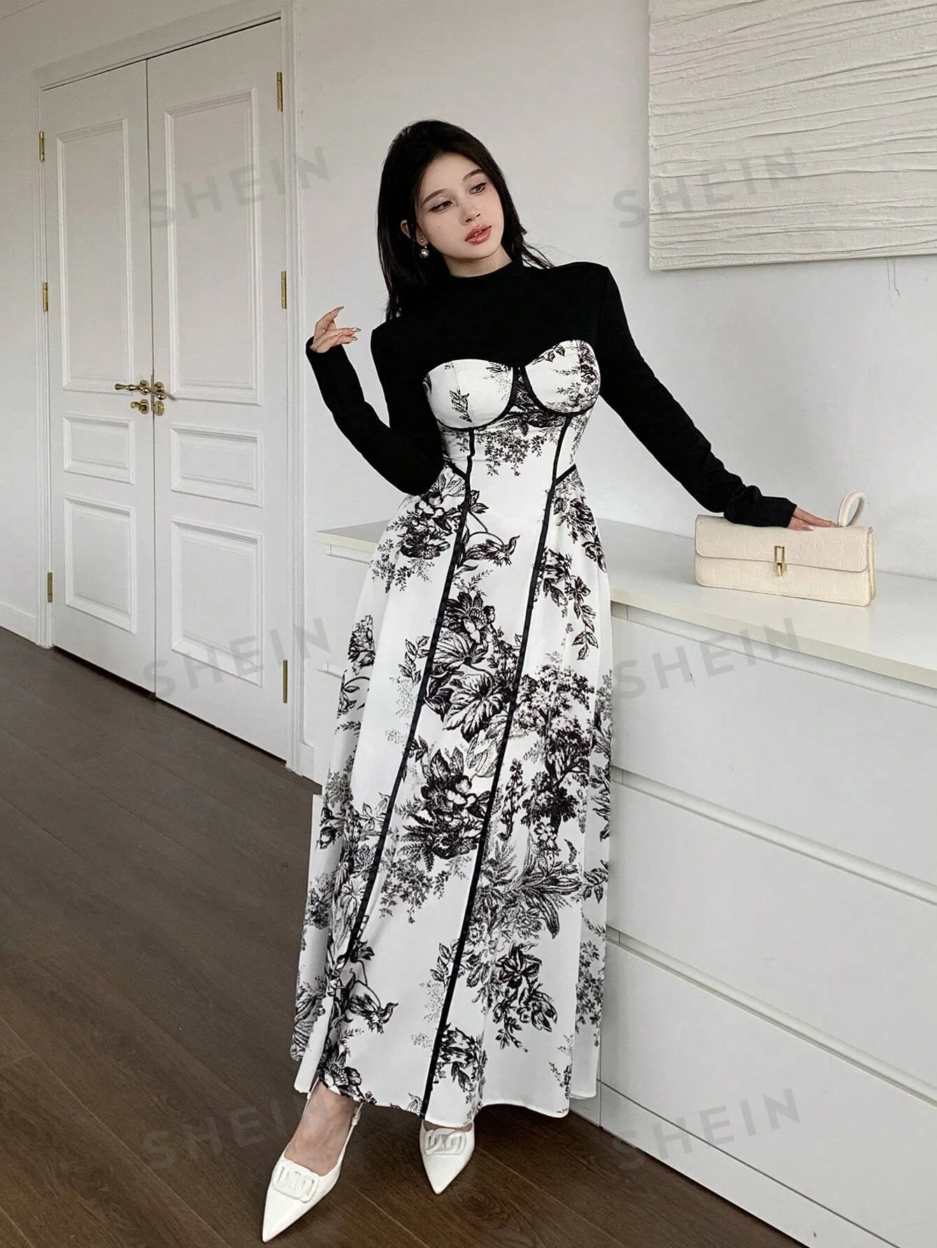 Modely Women's Solid Color Patchwork Crew Neck Long Sleeve Casual Long Dress