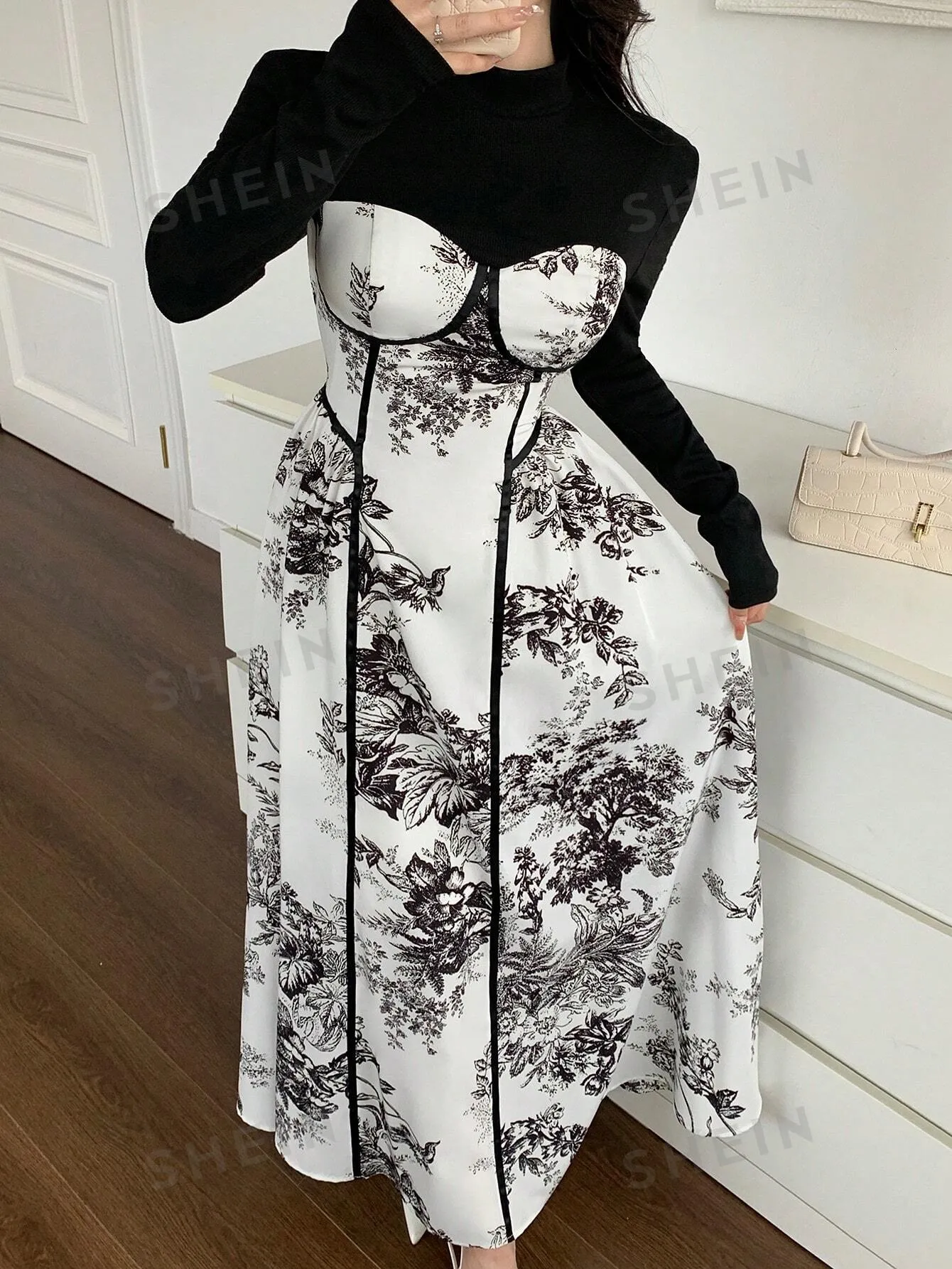 Modely Women's Solid Color Patchwork Crew Neck Long Sleeve Casual Long Dress