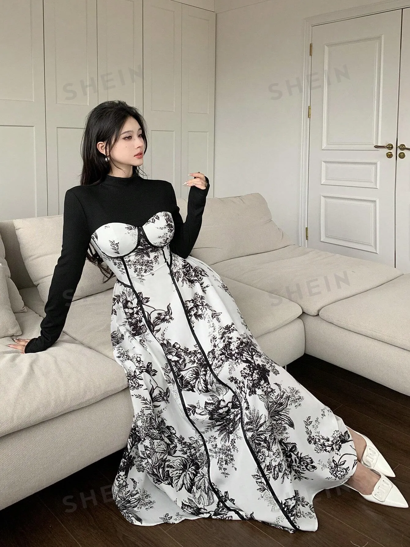 Modely Women's Solid Color Patchwork Crew Neck Long Sleeve Casual Long Dress