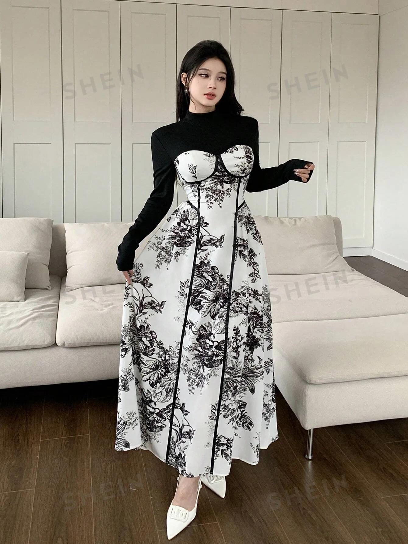 Modely Women's Solid Color Patchwork Crew Neck Long Sleeve Casual Long Dress