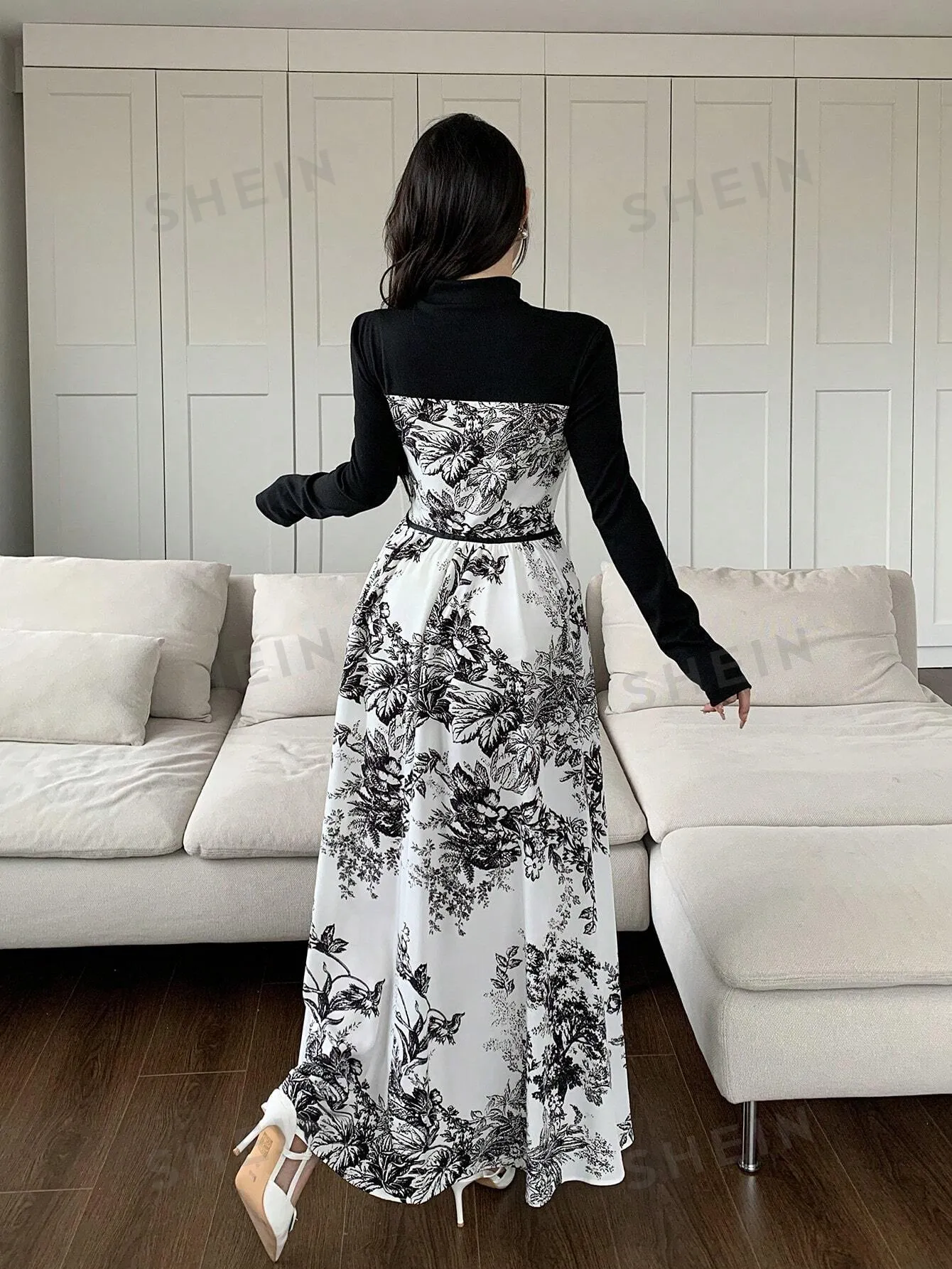 Modely Women's Solid Color Patchwork Crew Neck Long Sleeve Casual Long Dress