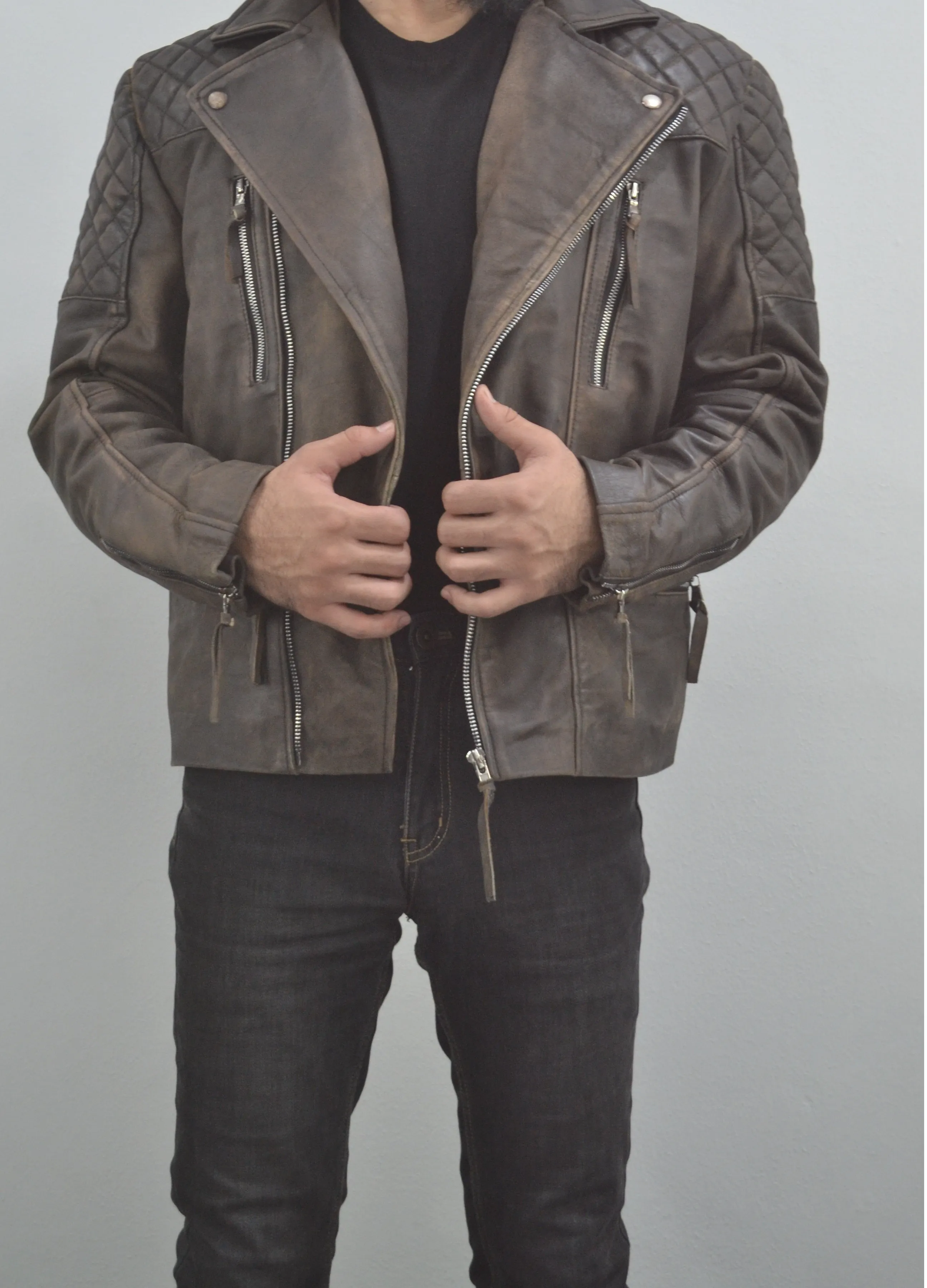Motorcycle Distressed Natural Rugged Biker Leather Jacket