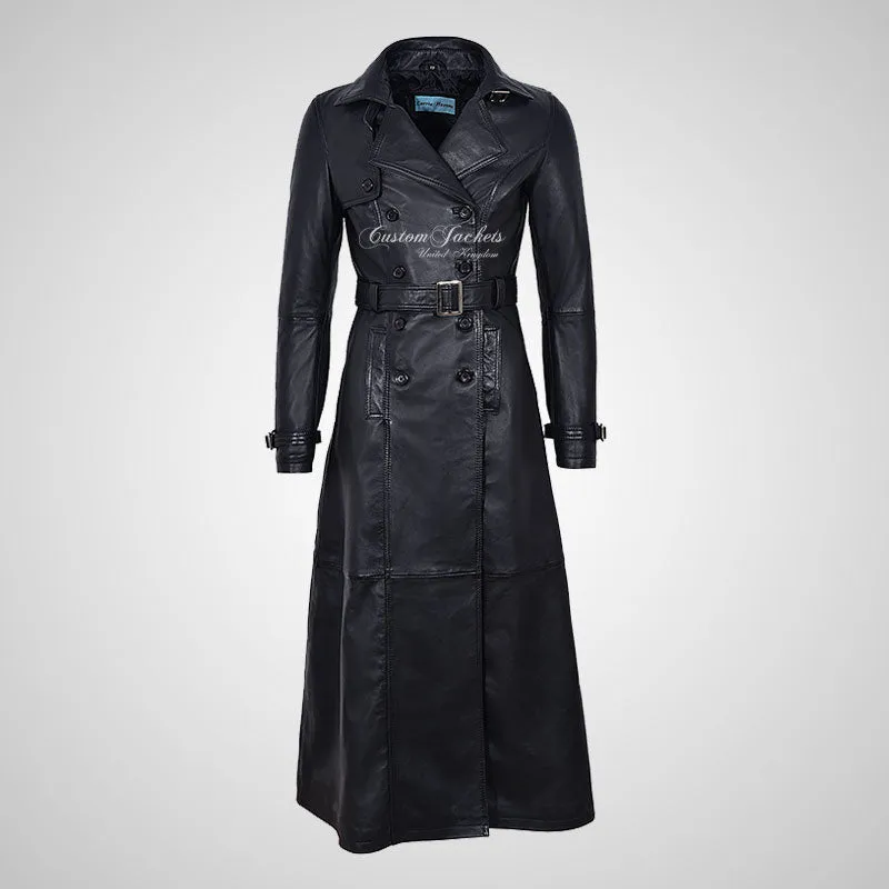 PARIS Ladies Leather Full Length Coat Women Elegant Trench Coat