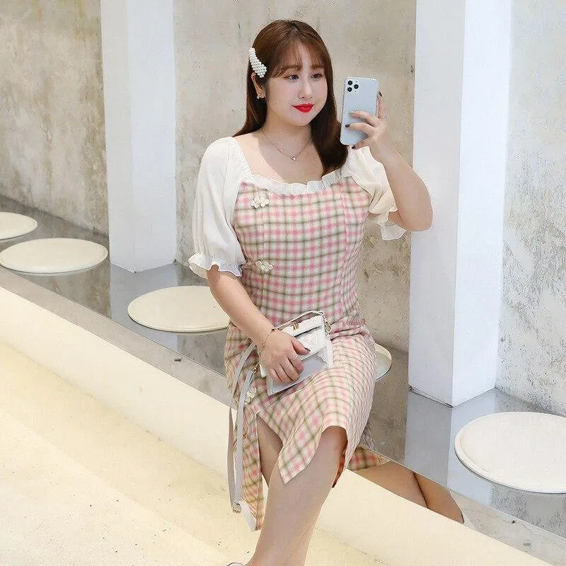 Print Plaid Square Collar Button Dress