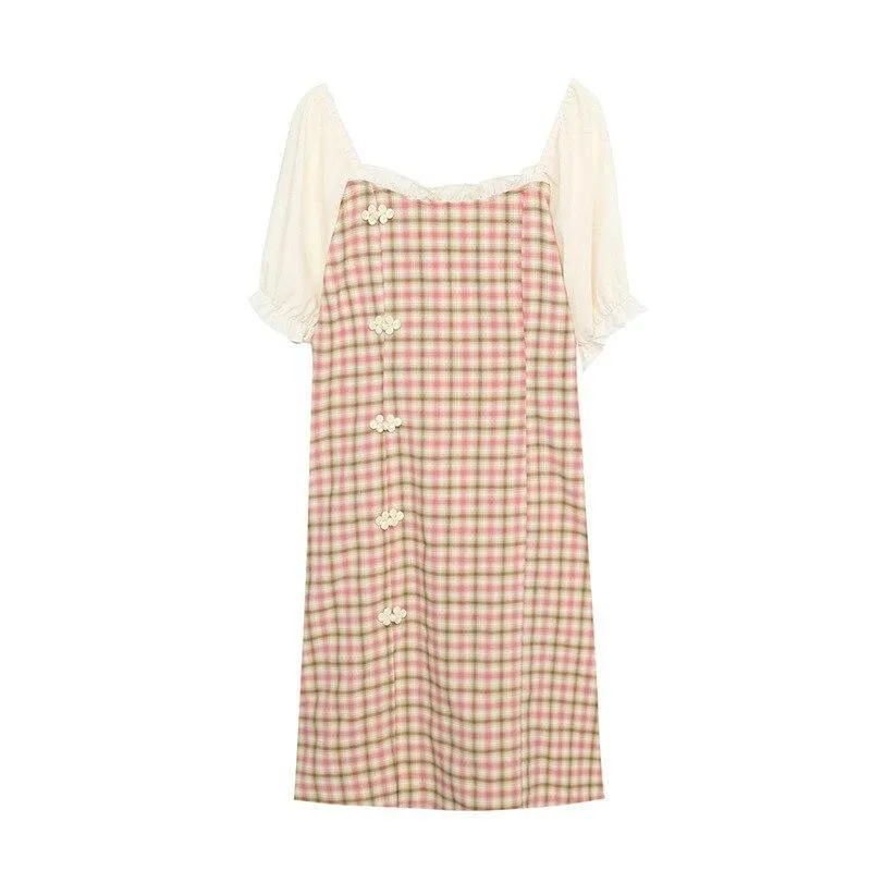 Print Plaid Square Collar Button Dress