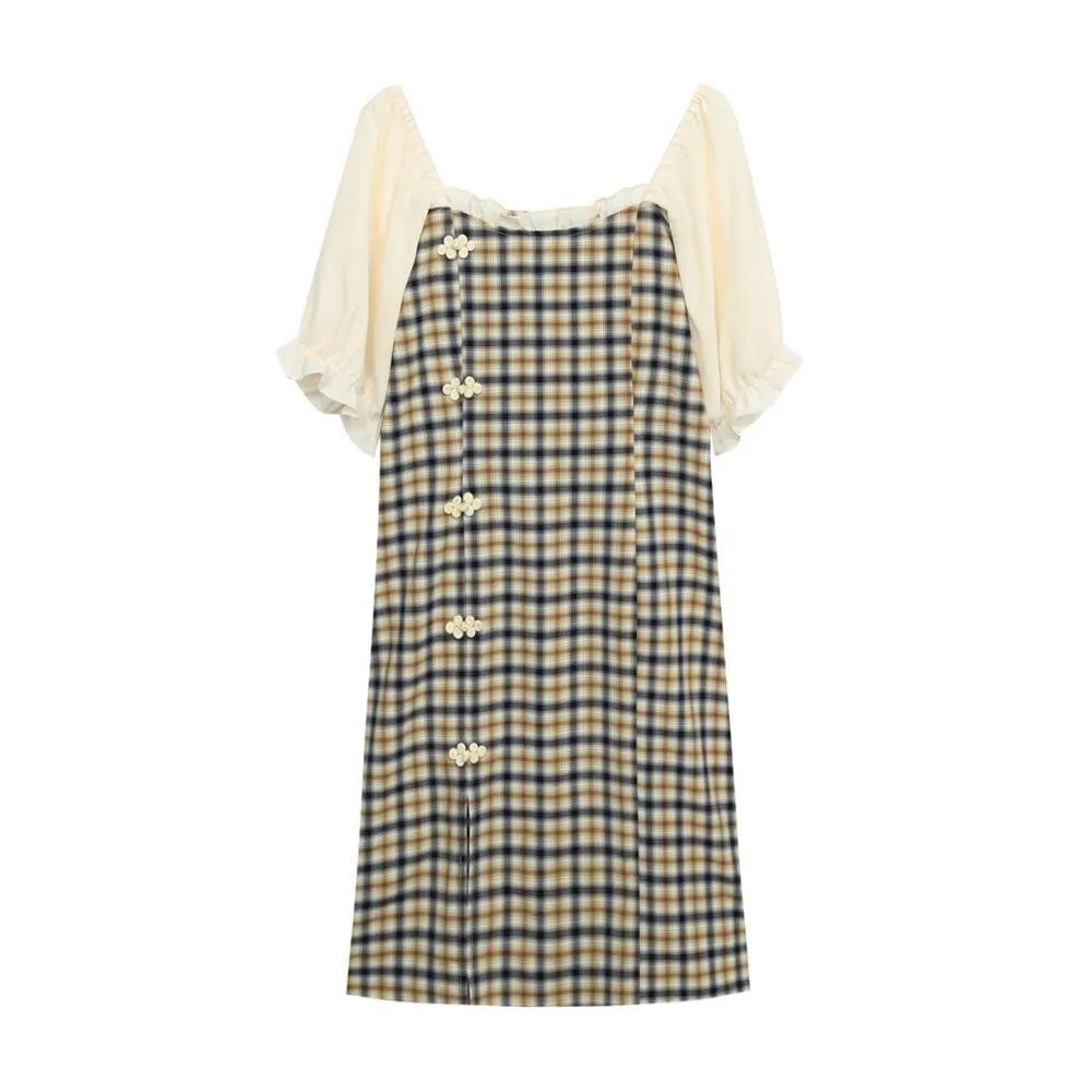 Print Plaid Square Collar Button Dress