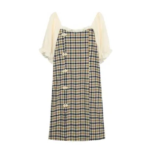 Print Plaid Square Collar Button Dress