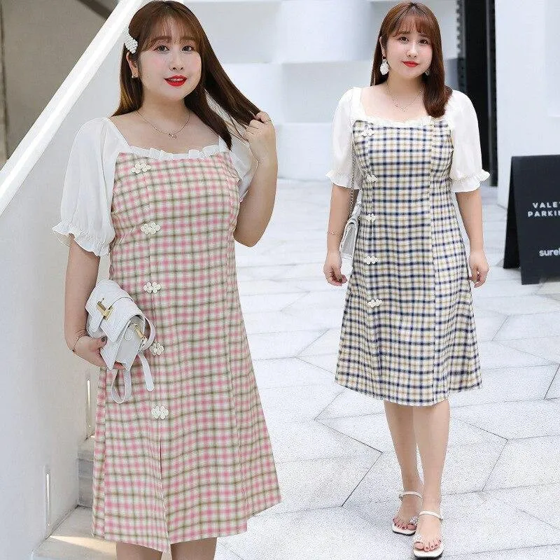 Print Plaid Square Collar Button Dress