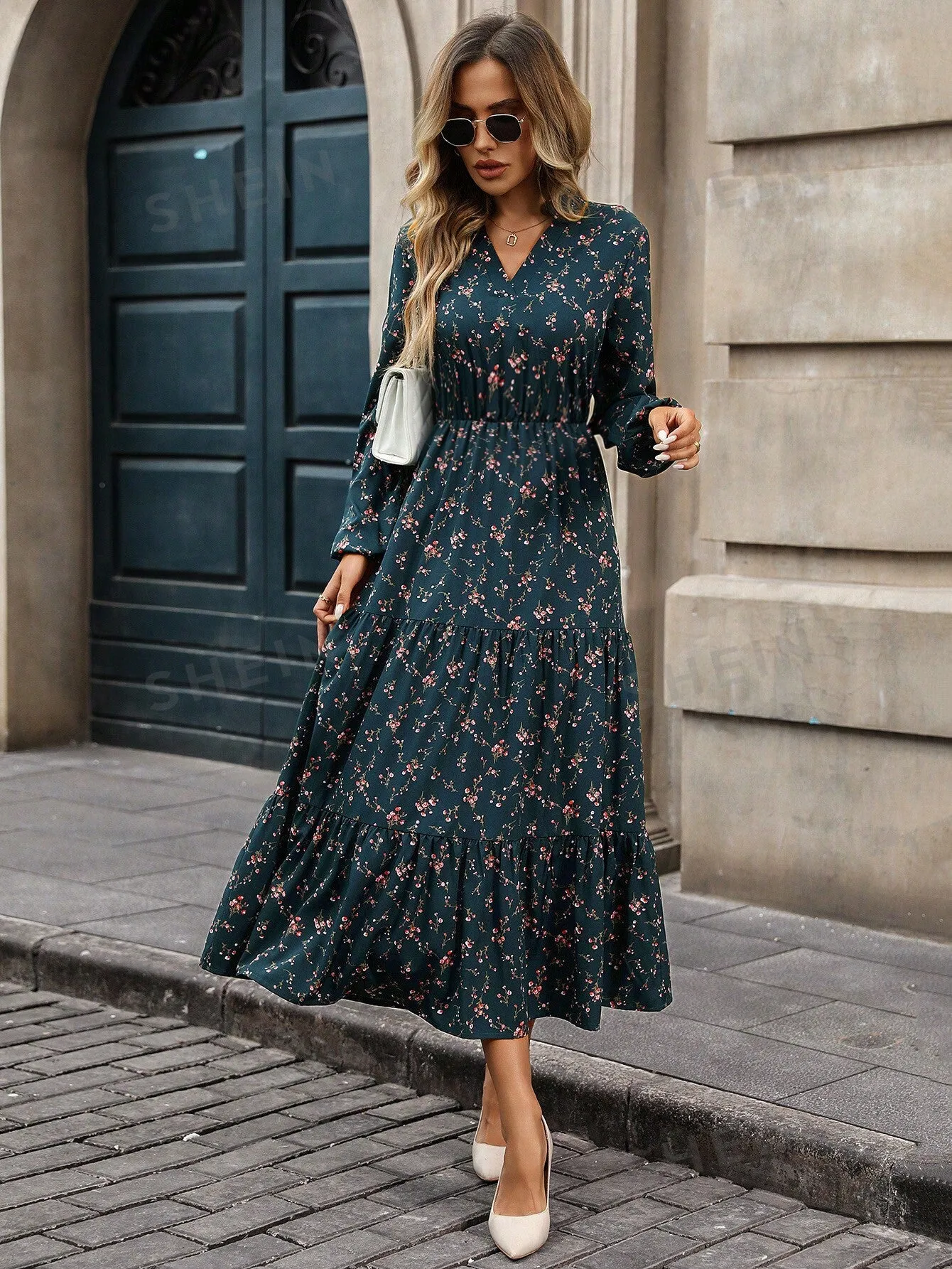 Privé V-Neck Floral Print Casual Versatile Long Sleeve Dress