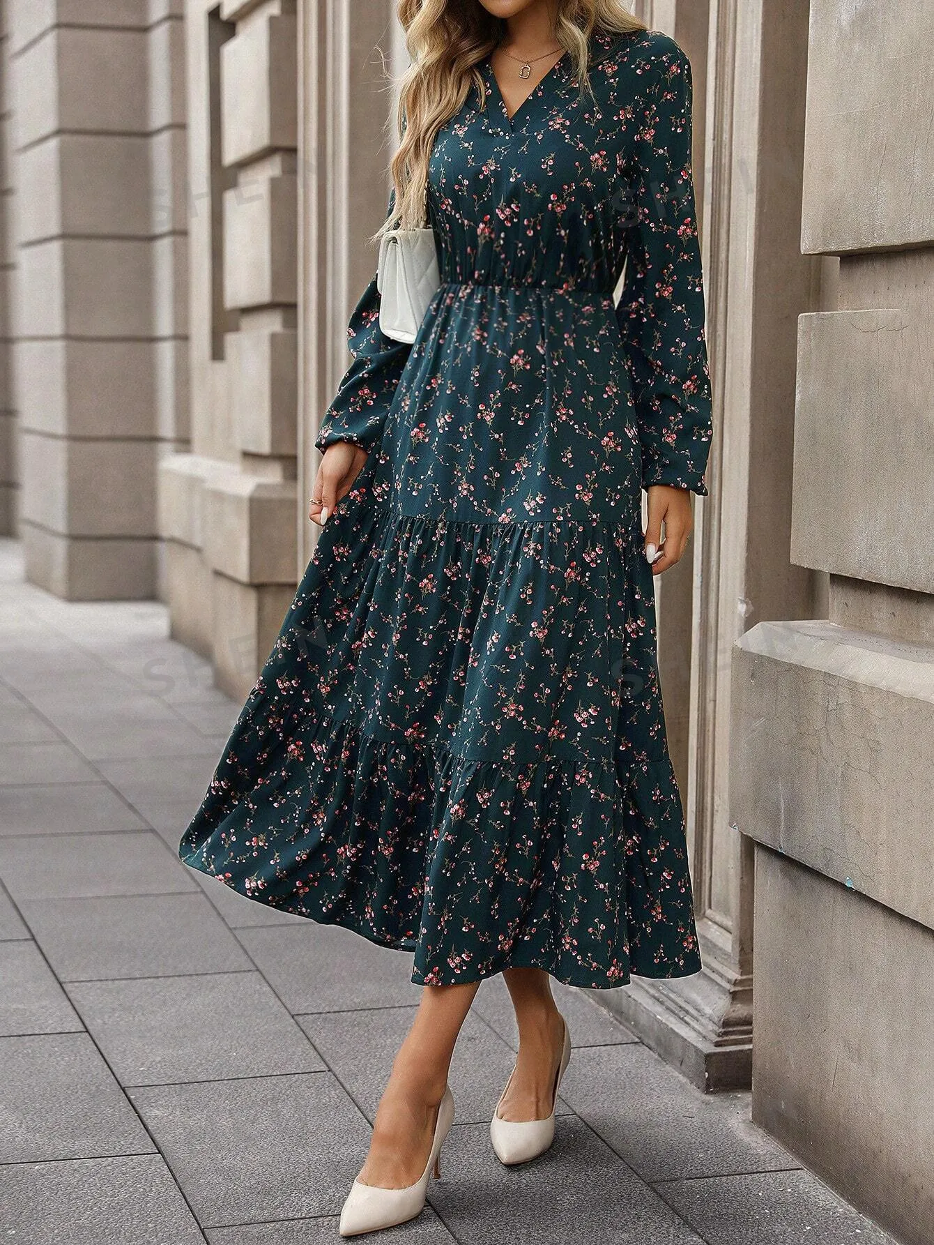Privé V-Neck Floral Print Casual Versatile Long Sleeve Dress