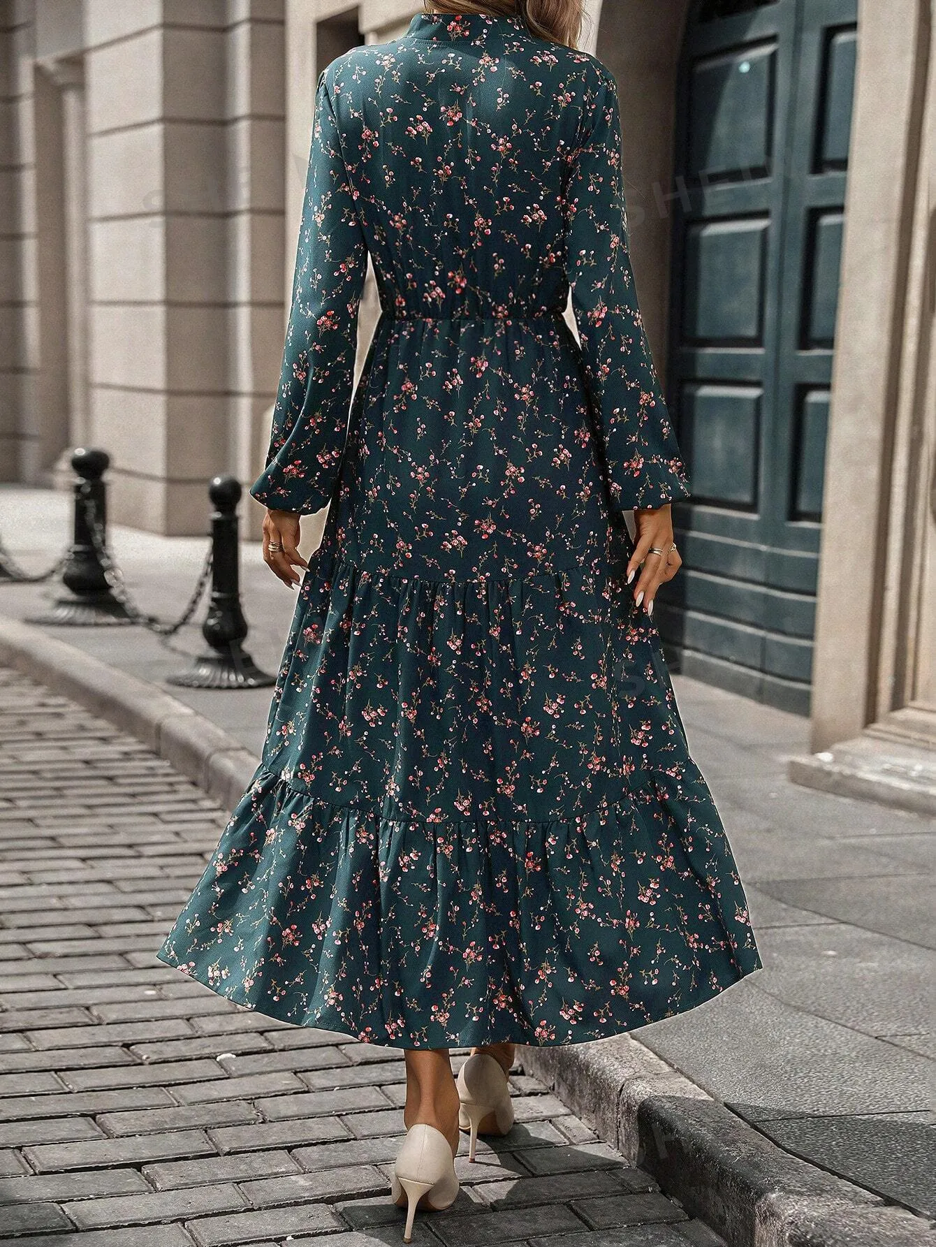 Privé V-Neck Floral Print Casual Versatile Long Sleeve Dress
