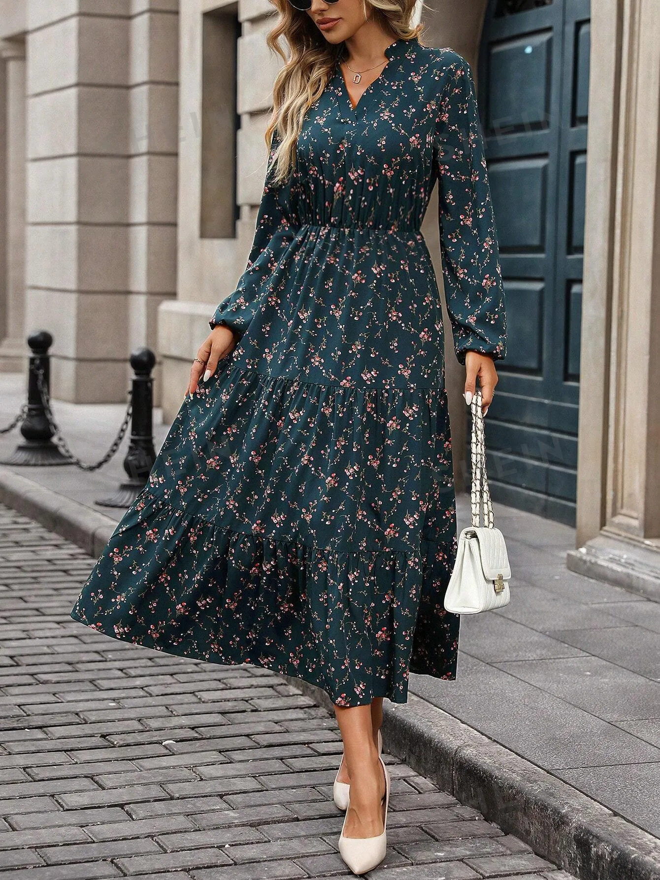 Privé V-Neck Floral Print Casual Versatile Long Sleeve Dress