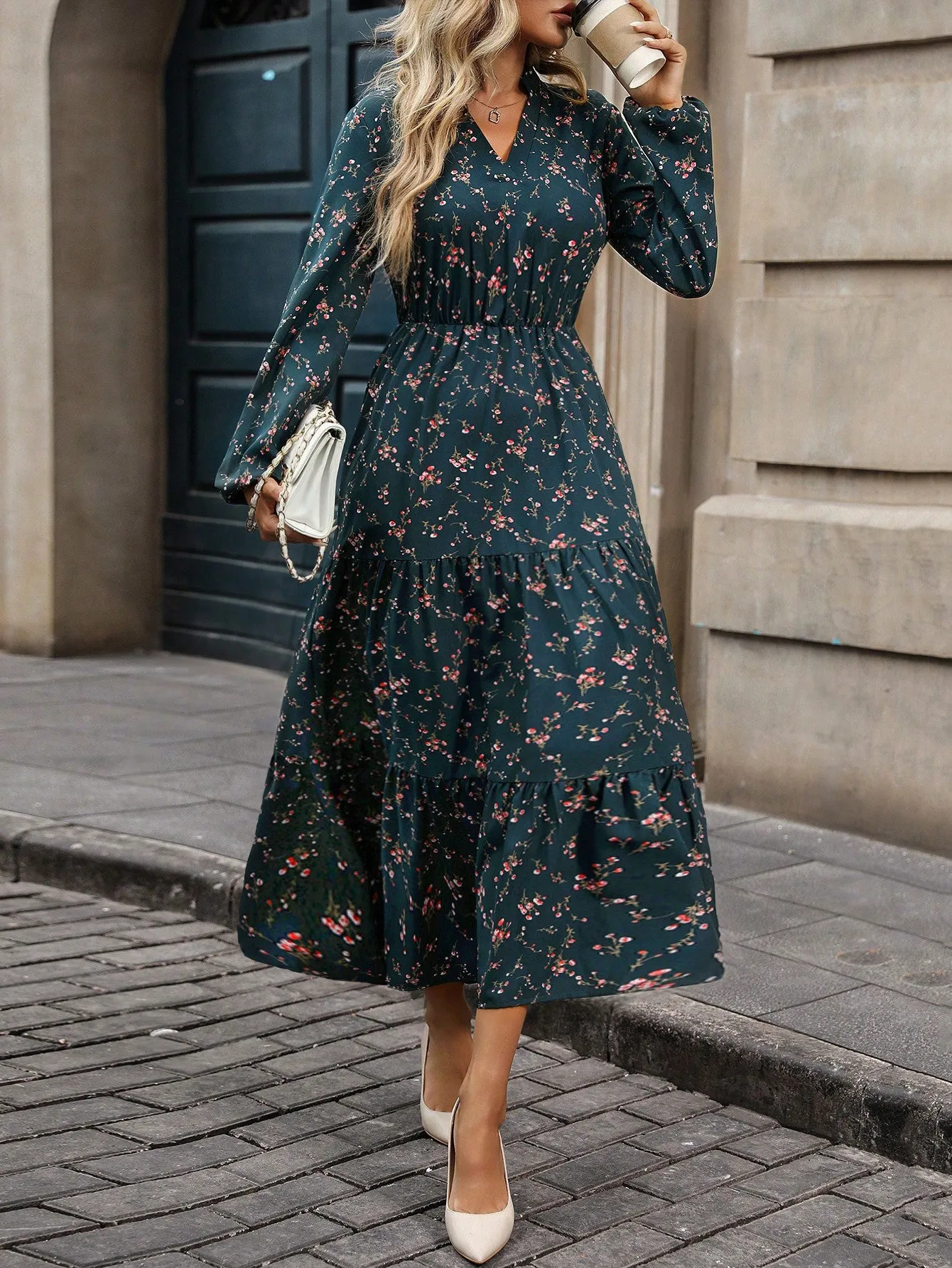 Privé V-Neck Floral Print Casual Versatile Long Sleeve Dress