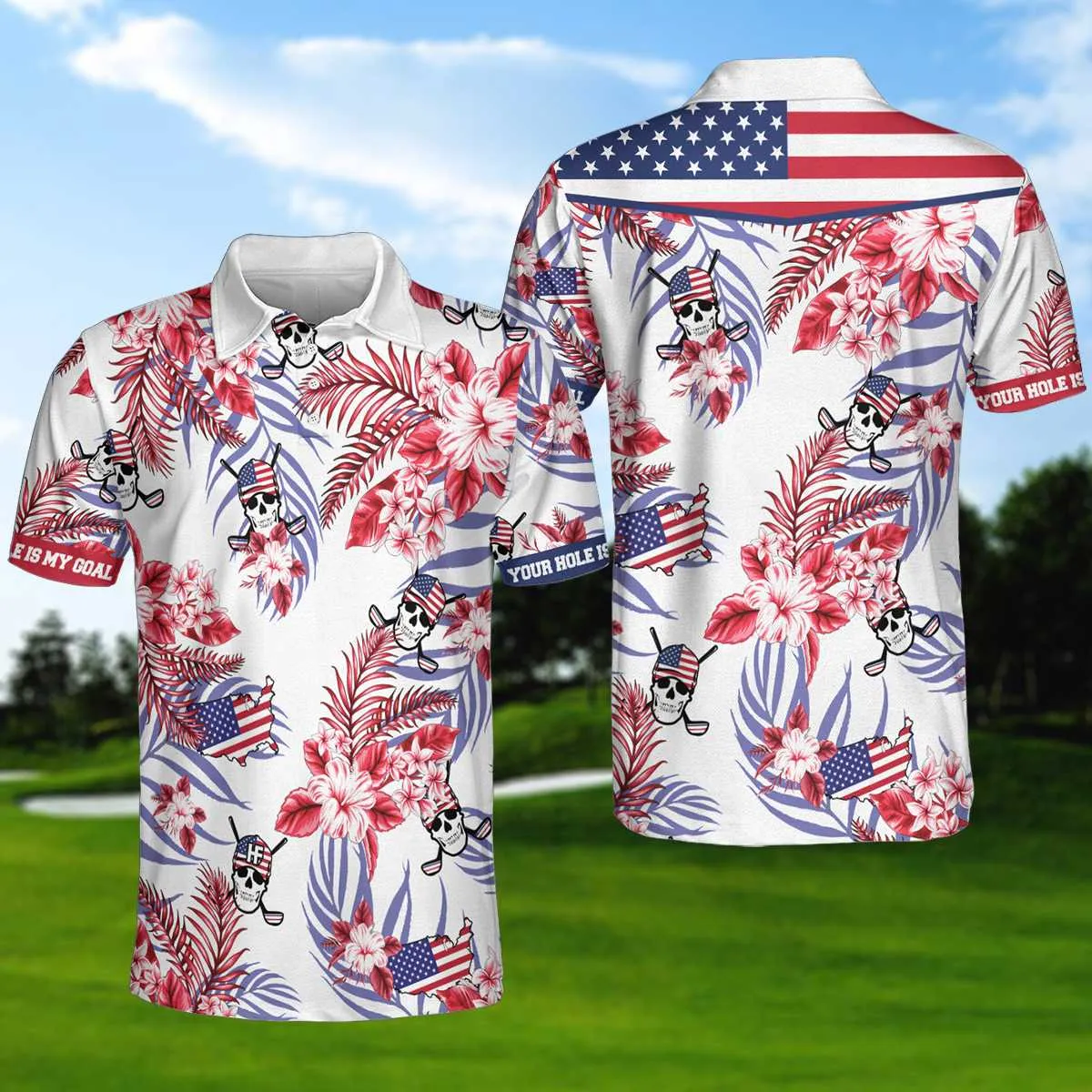 Seamless Tropical Pattern Golf Skull America V2 Polo Shirt, Texas Bluebonnet Golf Shirt For Men Coolspod