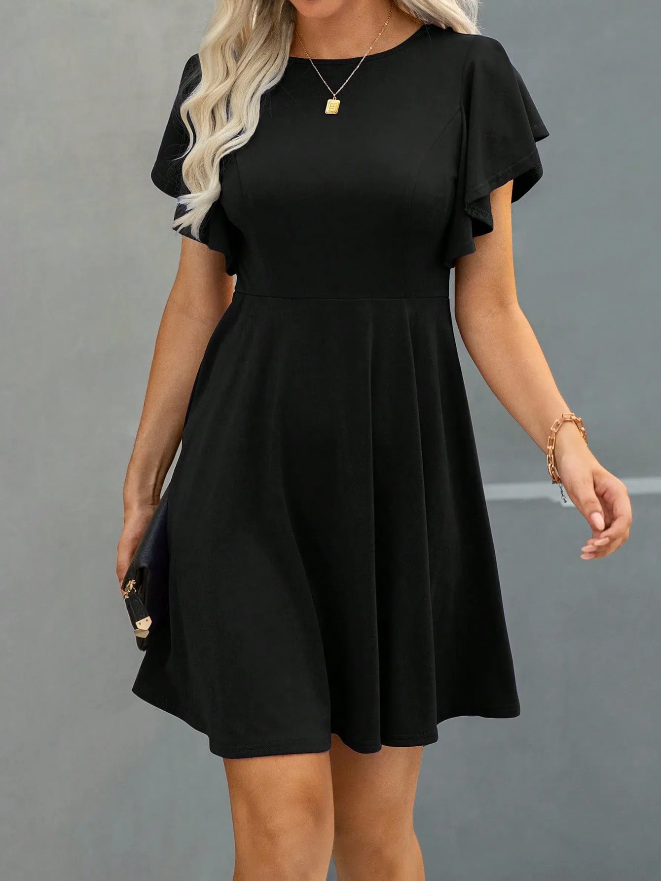 Solid Butterfly Sleeve A-line Dress